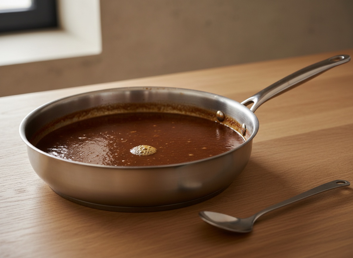 Salsa Espagnole reduciendo a fuego lento mientras se desespuma para clarificarla, estilo La Pasión en la Cocina