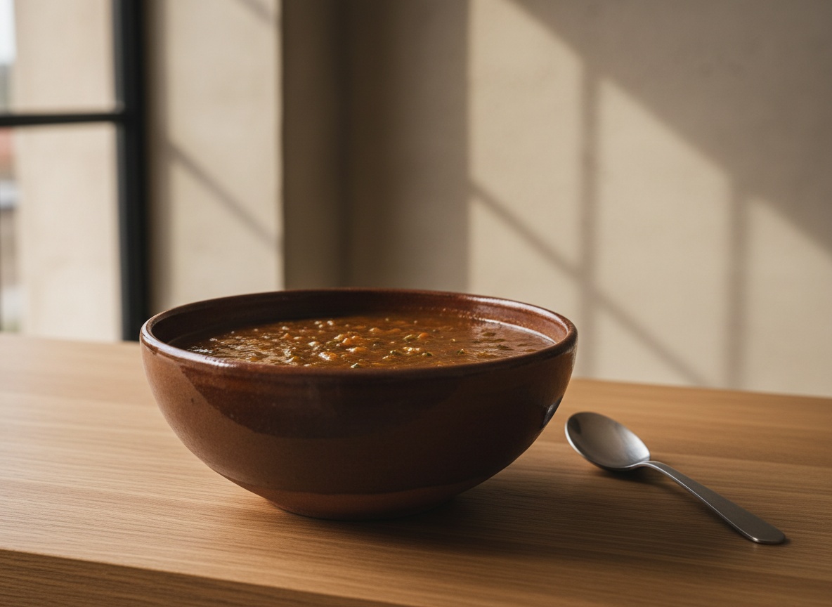 Salsa Espagnole en salsera de cerámica artesanal, color marrón oscuro profundo y brillante, textura densa y napante, sobre tabla de roble con luz lateral izquierda, estilo La Pasión en la Cocina