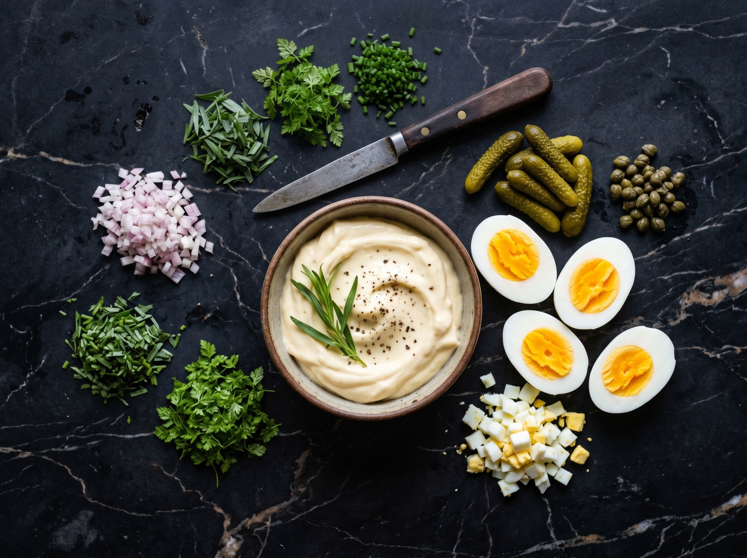 Ingredientes gribiche: huevos cocidos, mostaza Dijon, estragon, perifollo, cebollino, alcaparras, pepinillos