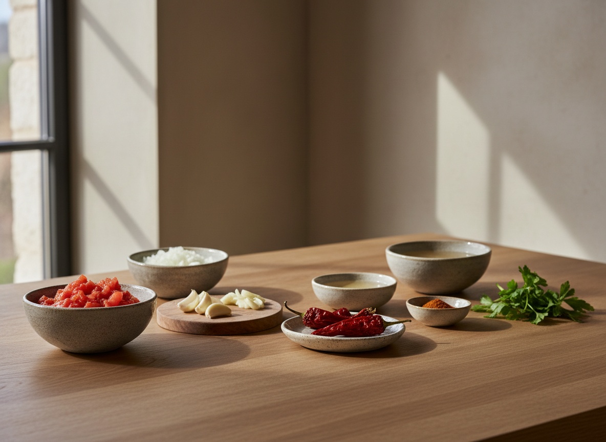 Ingredientes de la salsa marinera vistos de lado sobre tabla de roble: tomate triturado, cebolla, ajo, guindilla seca, vino blanco, pimentón, fumet y perejil, luz lateral izquierda, estilo La Pasión en la Cocina