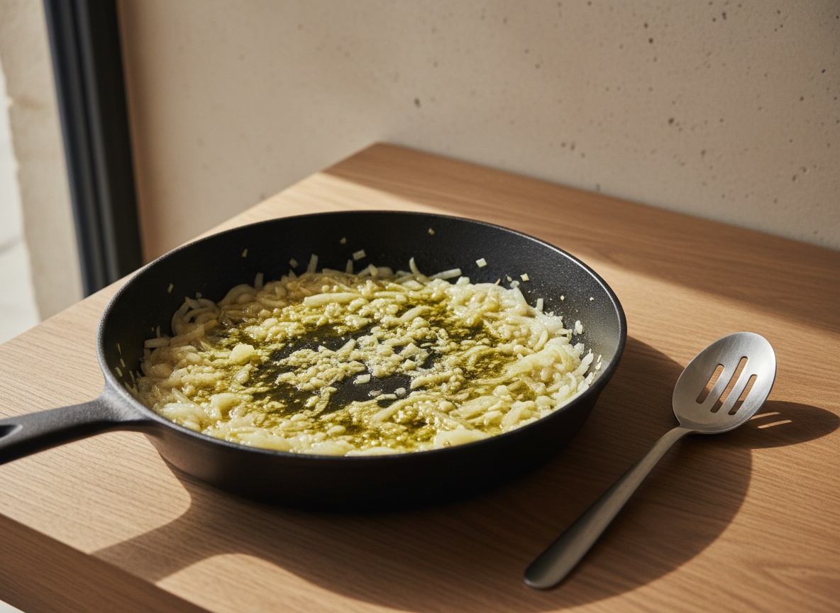Cebolla y ajo pochándose despacio en aceite de oliva hasta quedar transparentes, estilo La Pasión en la Cocina