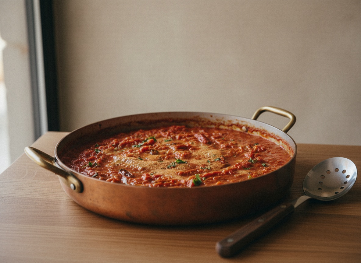 Tomate triturado cocinándose hasta rojo teja y perdiendo la acidez cruda, estilo La Pasión en la Cocina