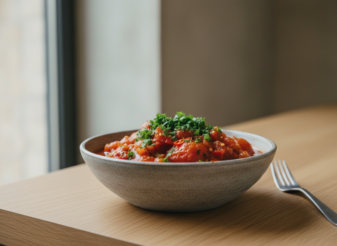 Salsa marinera en cuenco de cerámica artesanal, color rojo teja intenso y brillante con puntos de guindilla, textura ligada y napante, sobre tabla de roble con luz lateral izquierda, estilo La Pasión en la Cocina