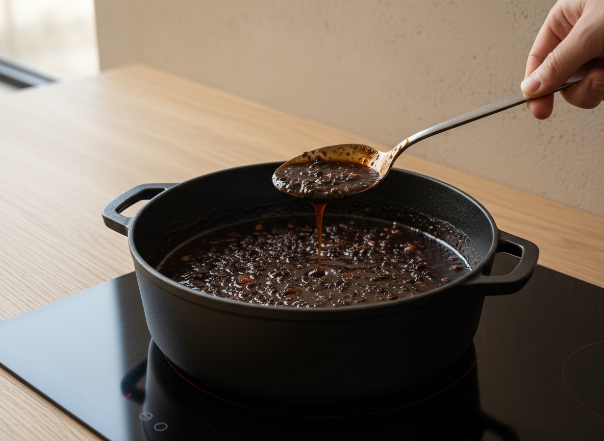 Demi-glace incorporada napando la cuchara con brillo oscuro