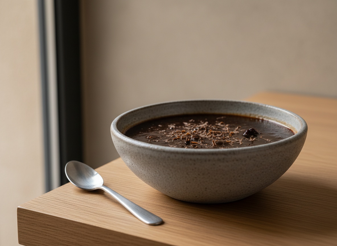 Salsa Périgueux de trufa y Madeira terminada, brillante y de color marrón oscuro con puntos de trufa negra, servida en salsera de cerámica artesanal sobre tabla de roble con luz de día por la izquierda, estilo La Pasión en la Cocina