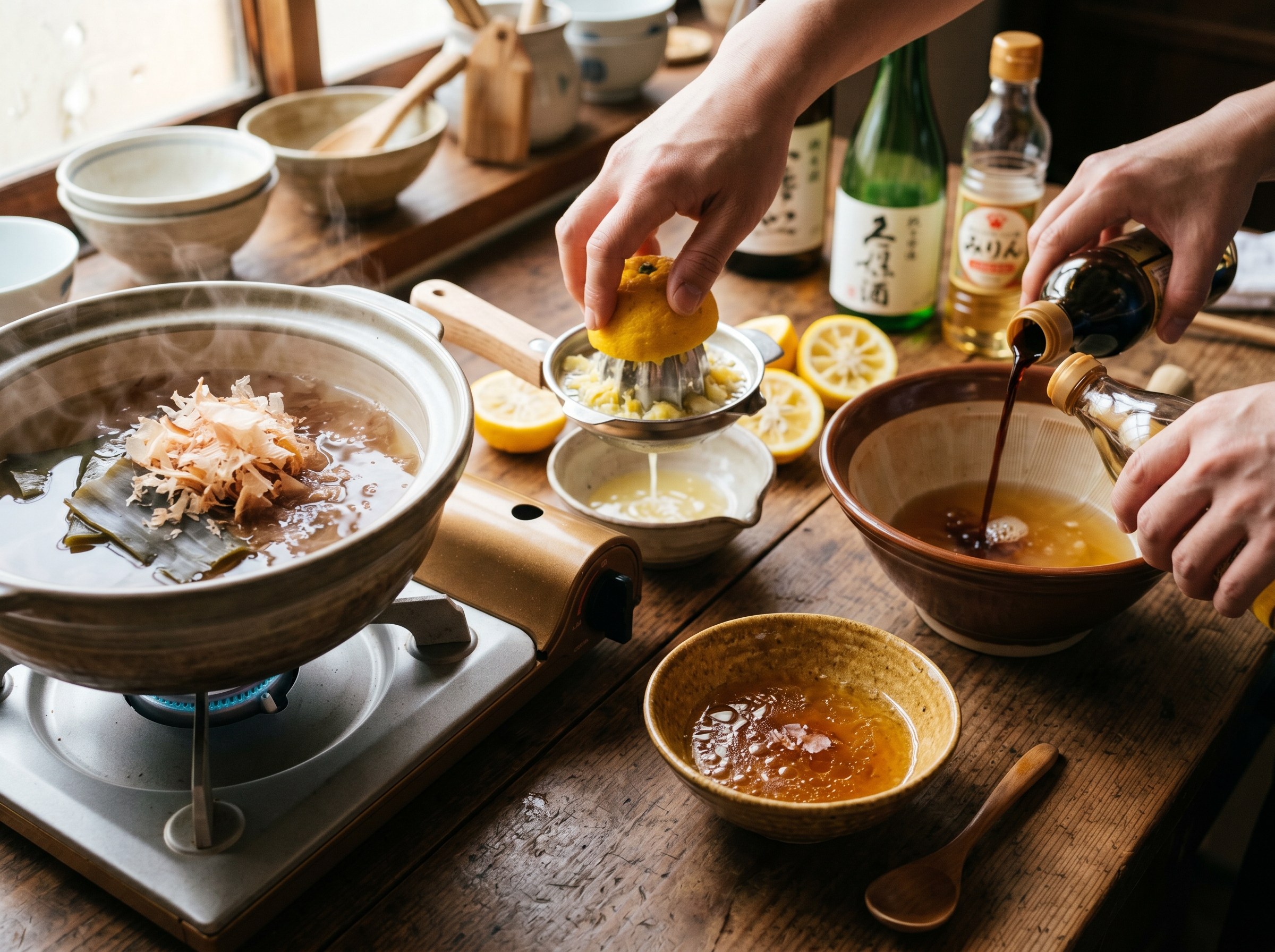 Dashi de kombu y katsuobushi preparandose