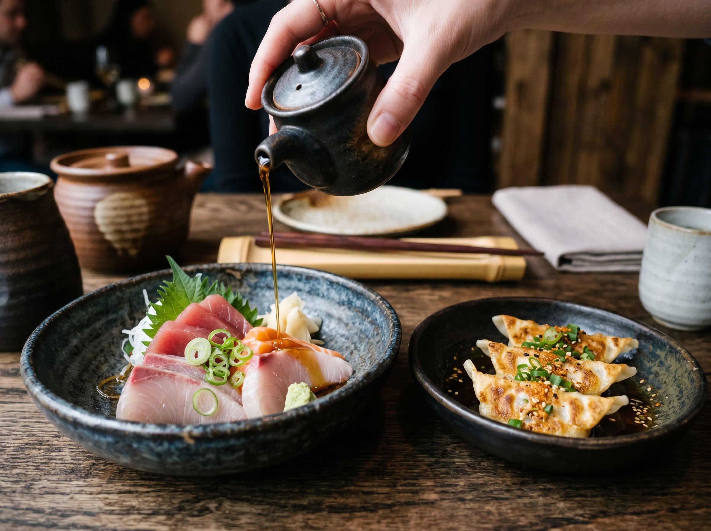 Ponzu dorado vertido sobre sashimi