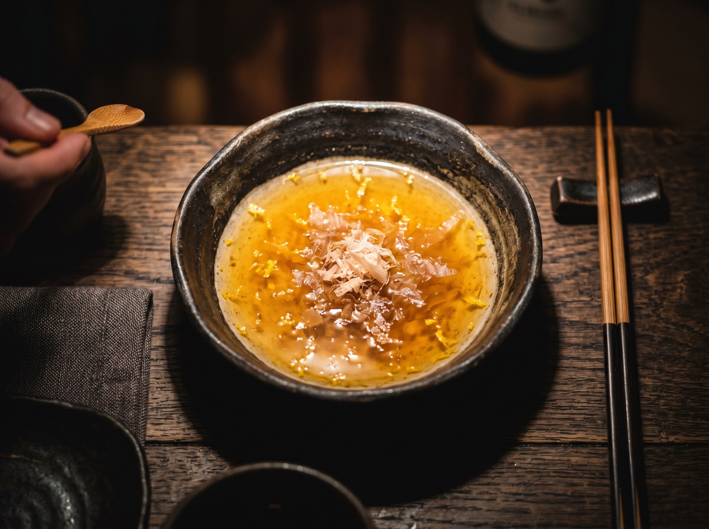 Salsa ponzu de yuzu con katsuobushi y alga kombu
