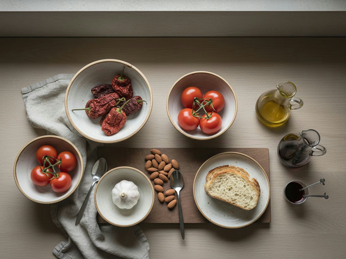 Ingredientes del romesco: ñoras, tomates, ajos, almendras, avellanas y pan