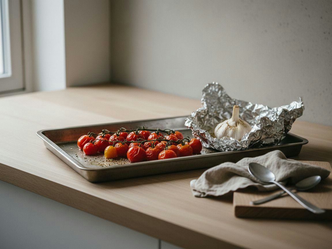 Tomates y cabeza de ajos asándose en el horno