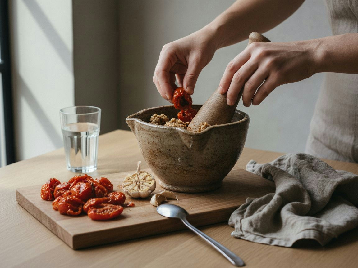 Tomate asado integrándose en la pasta roja