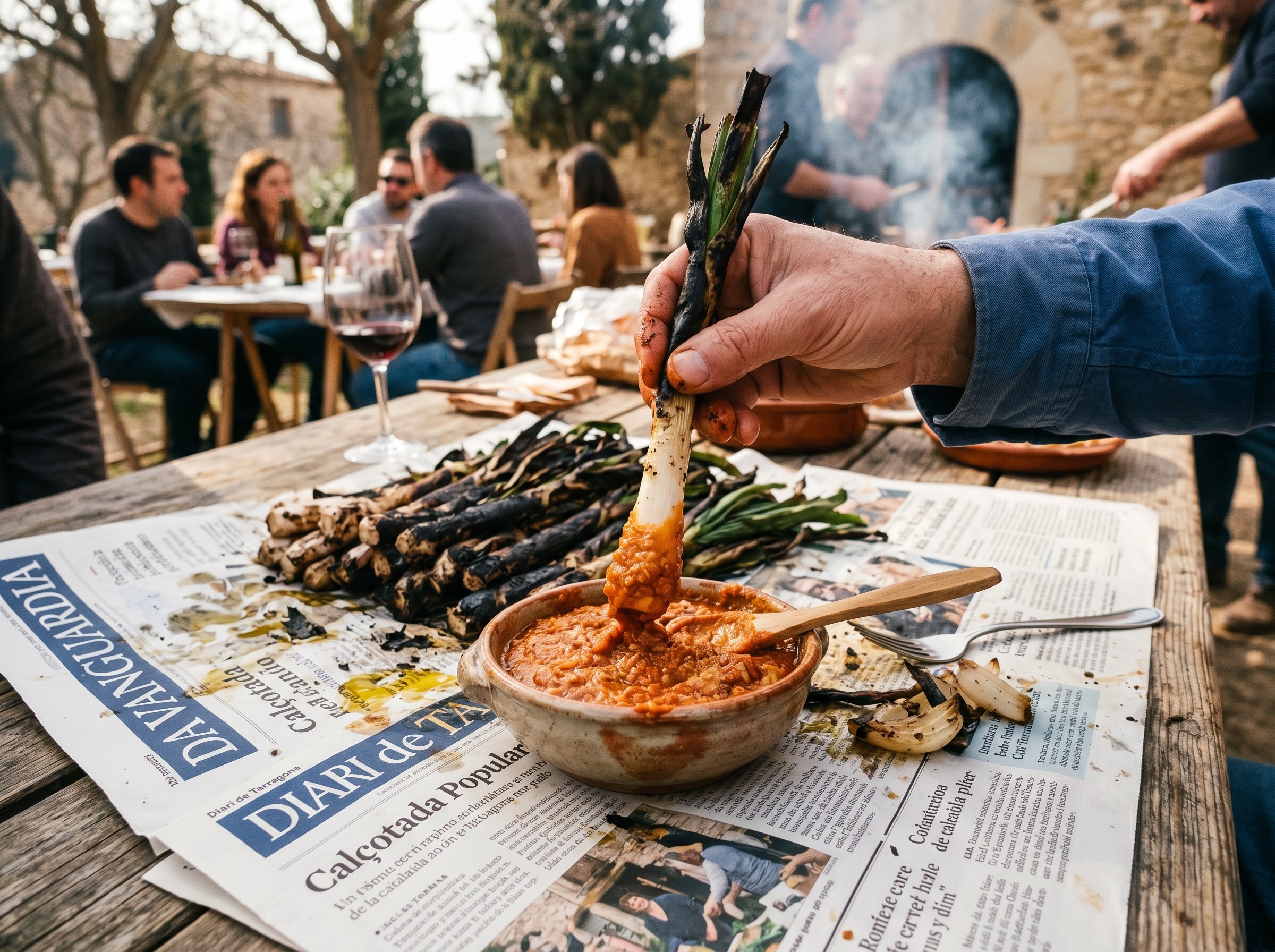 Romesco servido con calcots a la brasa