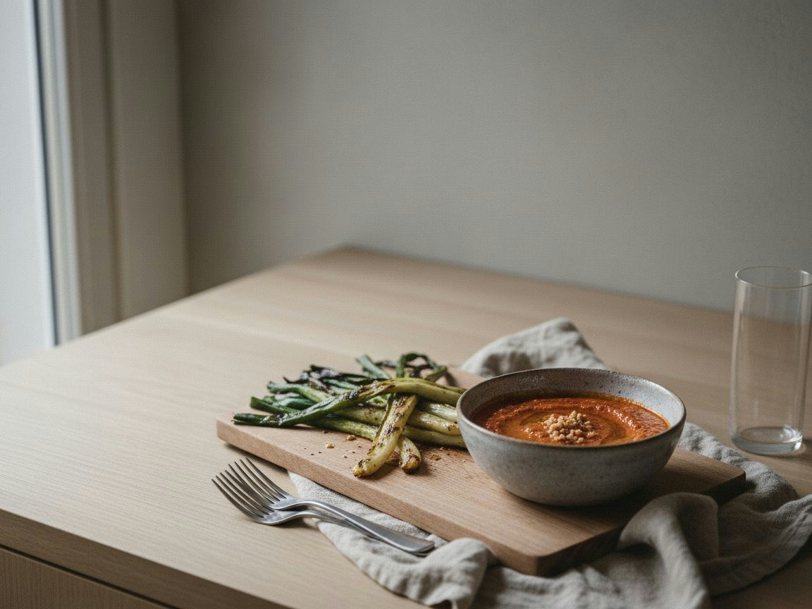 Cuenco de salsa romesco densa color teja con textura de fruto seco y un hilo de aceite, con calçots asados al lado, en cerámica gris piedra