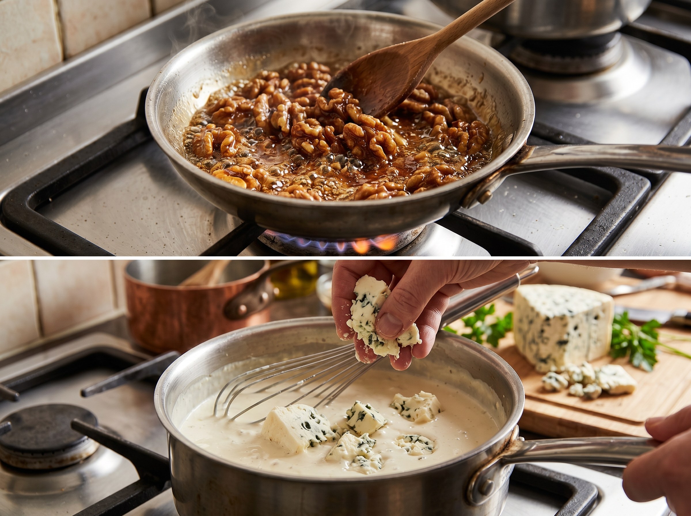 Nueces caramelizandose en miel y Roquefort fundiendose