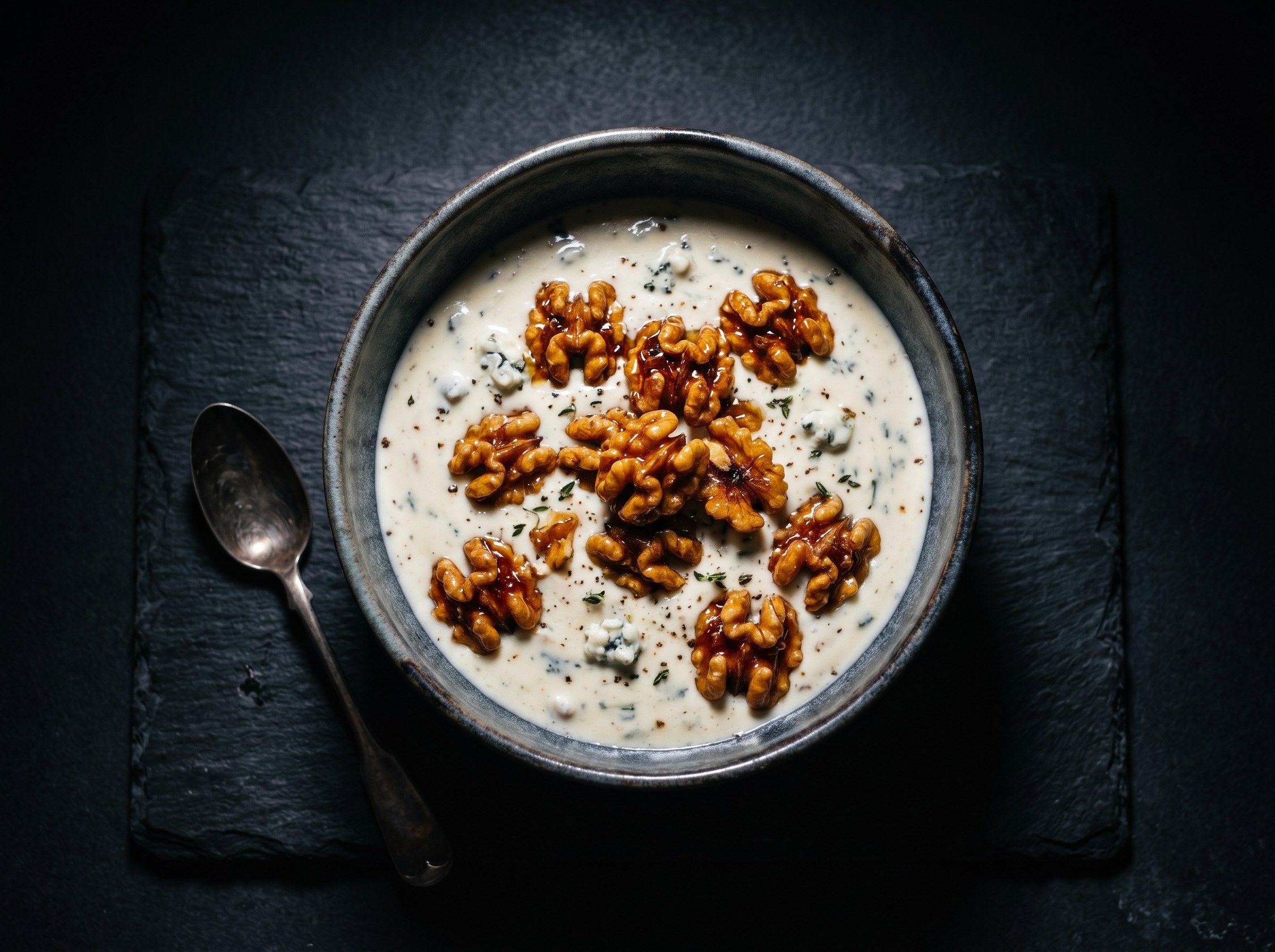 Salsa de Roquefort cremosa napando una carne, coronada con nueces del Périgord caramelizadas en miel.