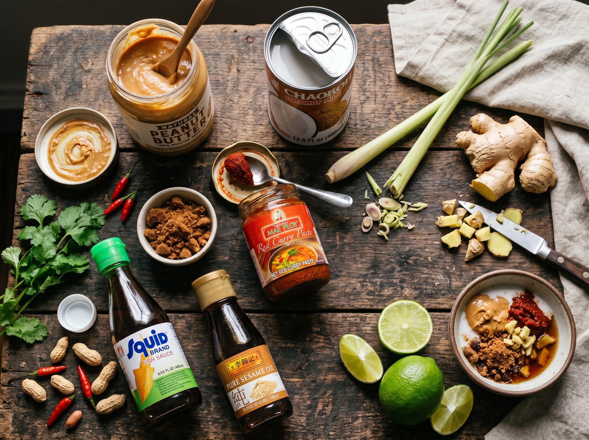 Ingredientes satay cacahuete coco