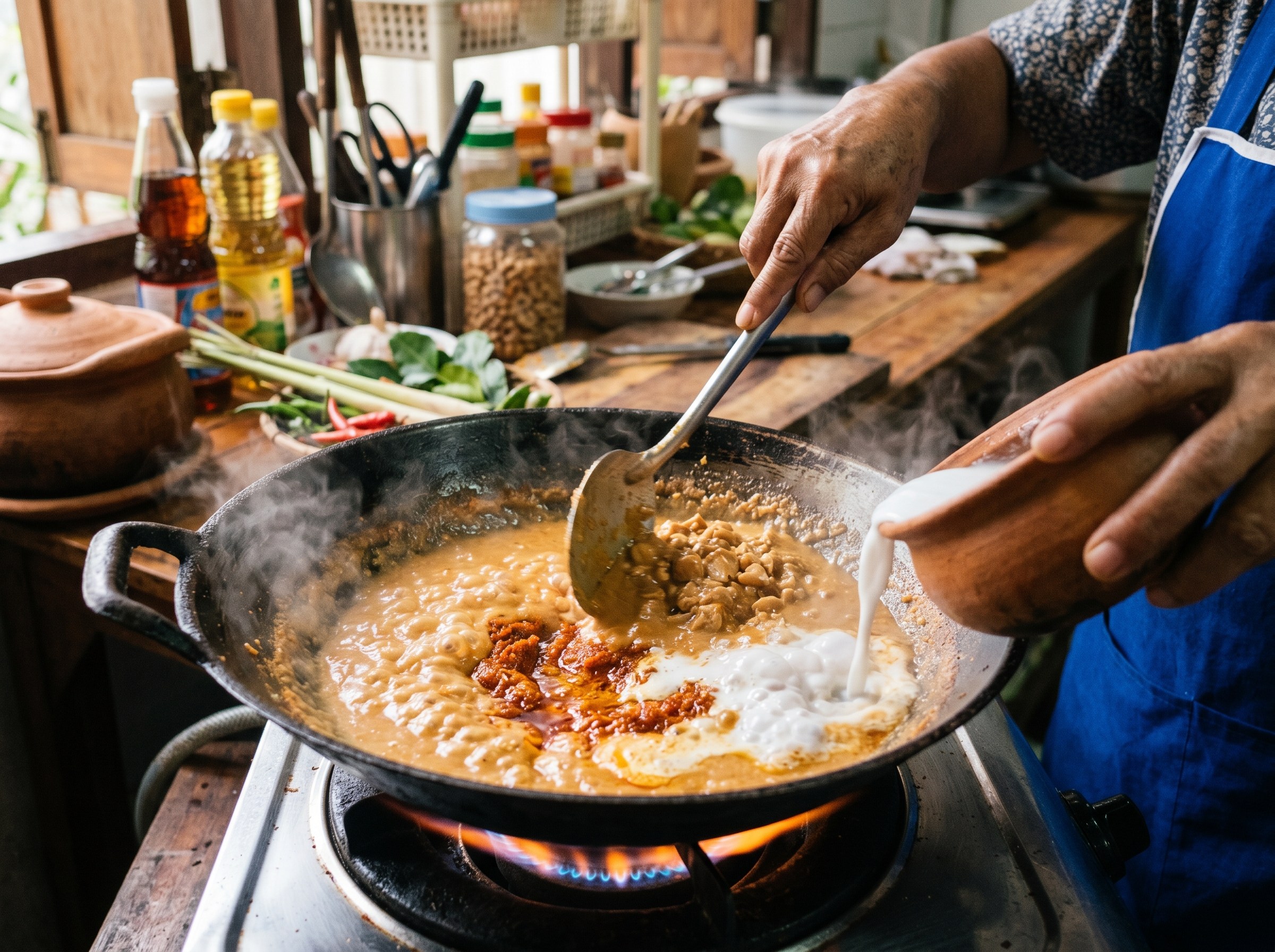 Pasta curry rojo tostando en wok con coco
