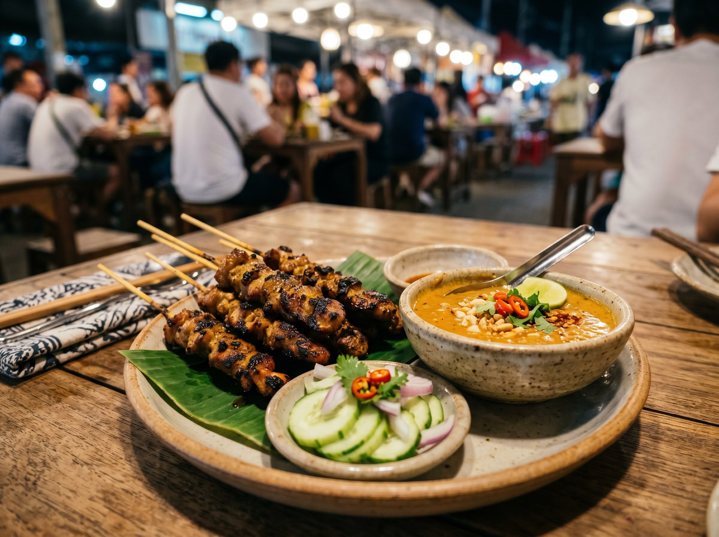Satay servido como dip con pinchos de pollo