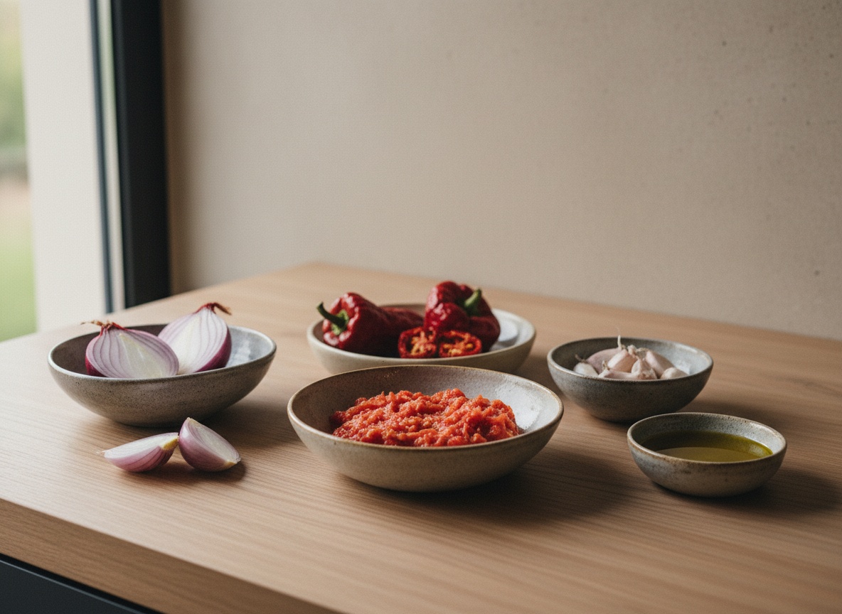 Ingredientes del sofrito catalán vistos de lado sobre tabla de roble: cebolla, tomate rallado, ñoras, ajo y aceite en cuencos de cerámica artesanal a 45°, luz por la izquierda