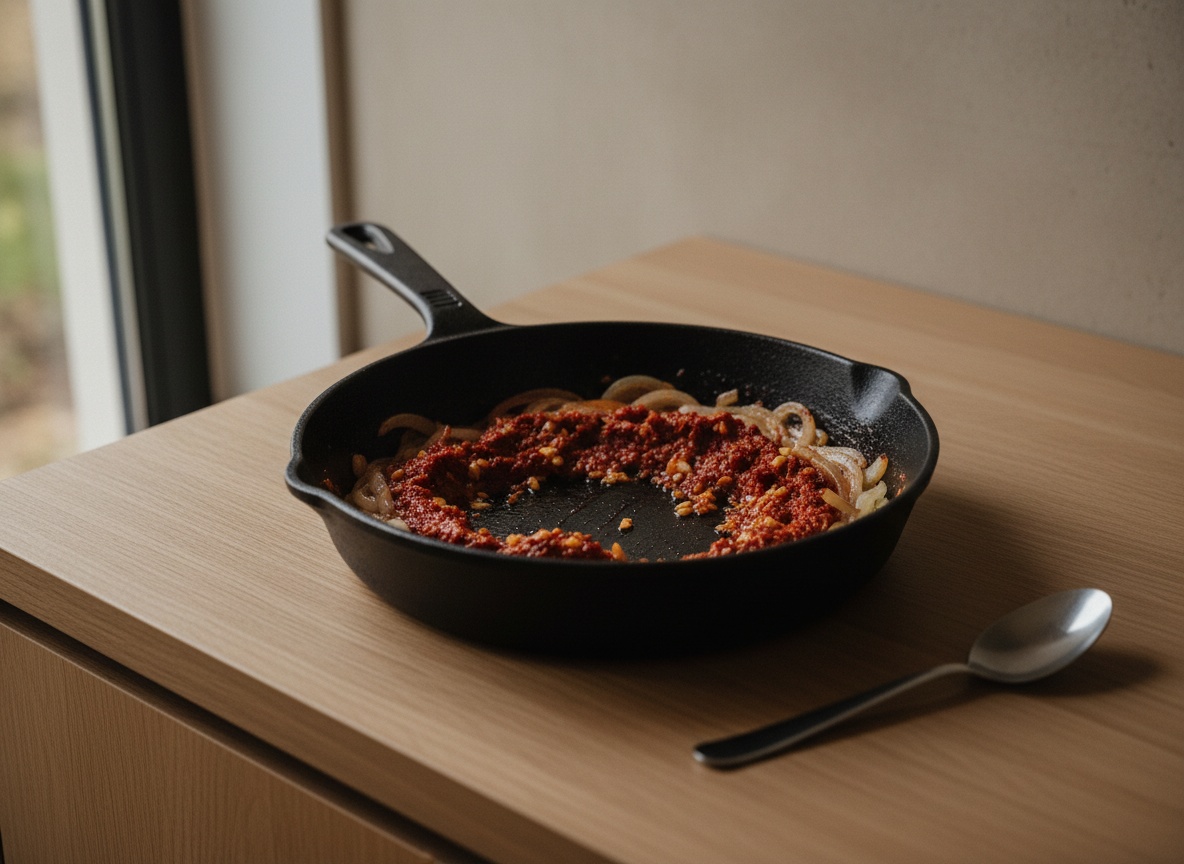 Pulpa de ñora y ajo integrándose en la cebolla, tiñendo el aceite de rojo