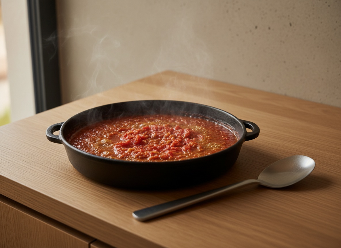 Tomate rallado añadido al sofrito, evaporando su agua a fuego suave