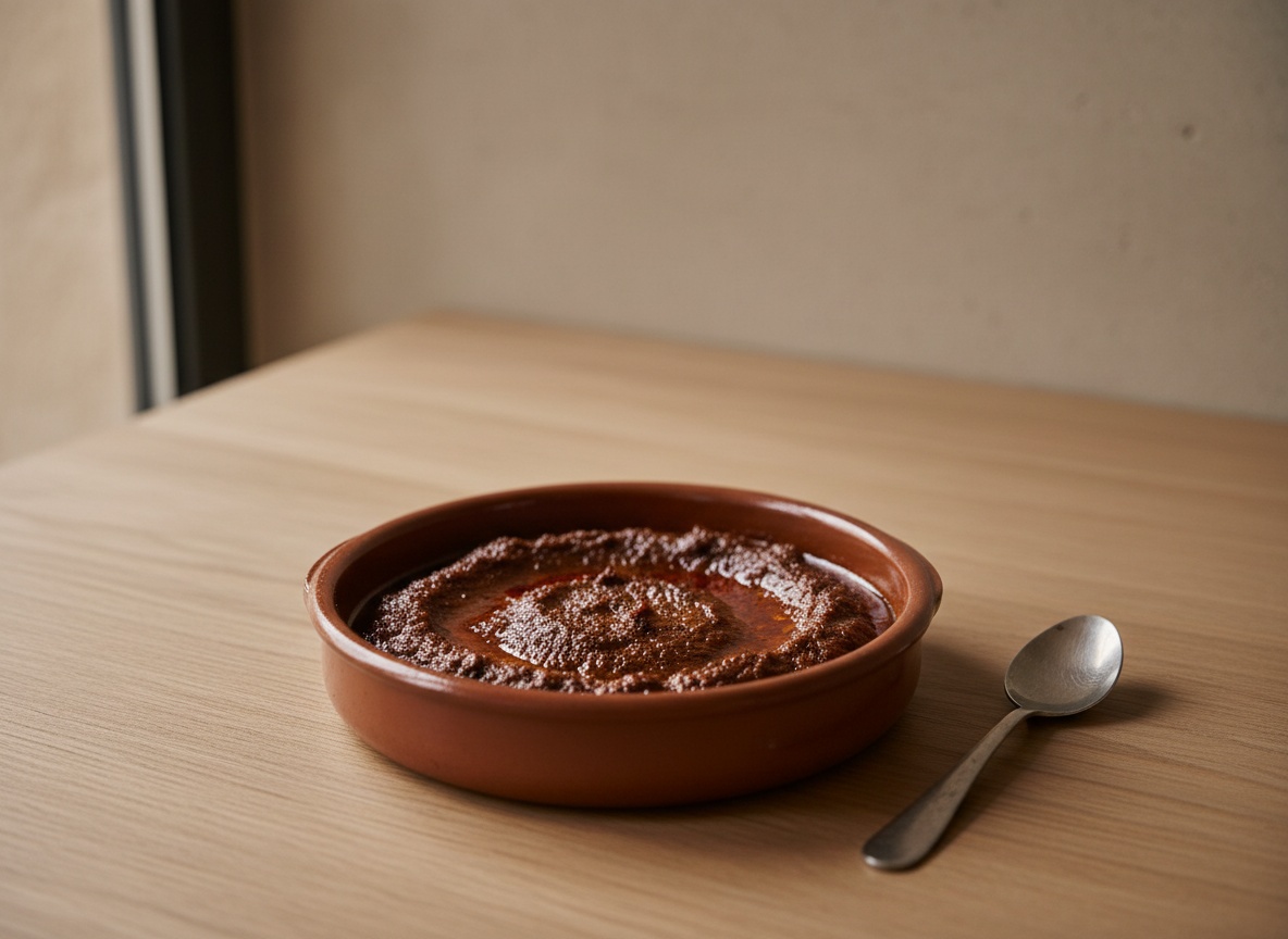 Sofrito reducido a pasta oscura con el aceite aflorando separado en los bordes