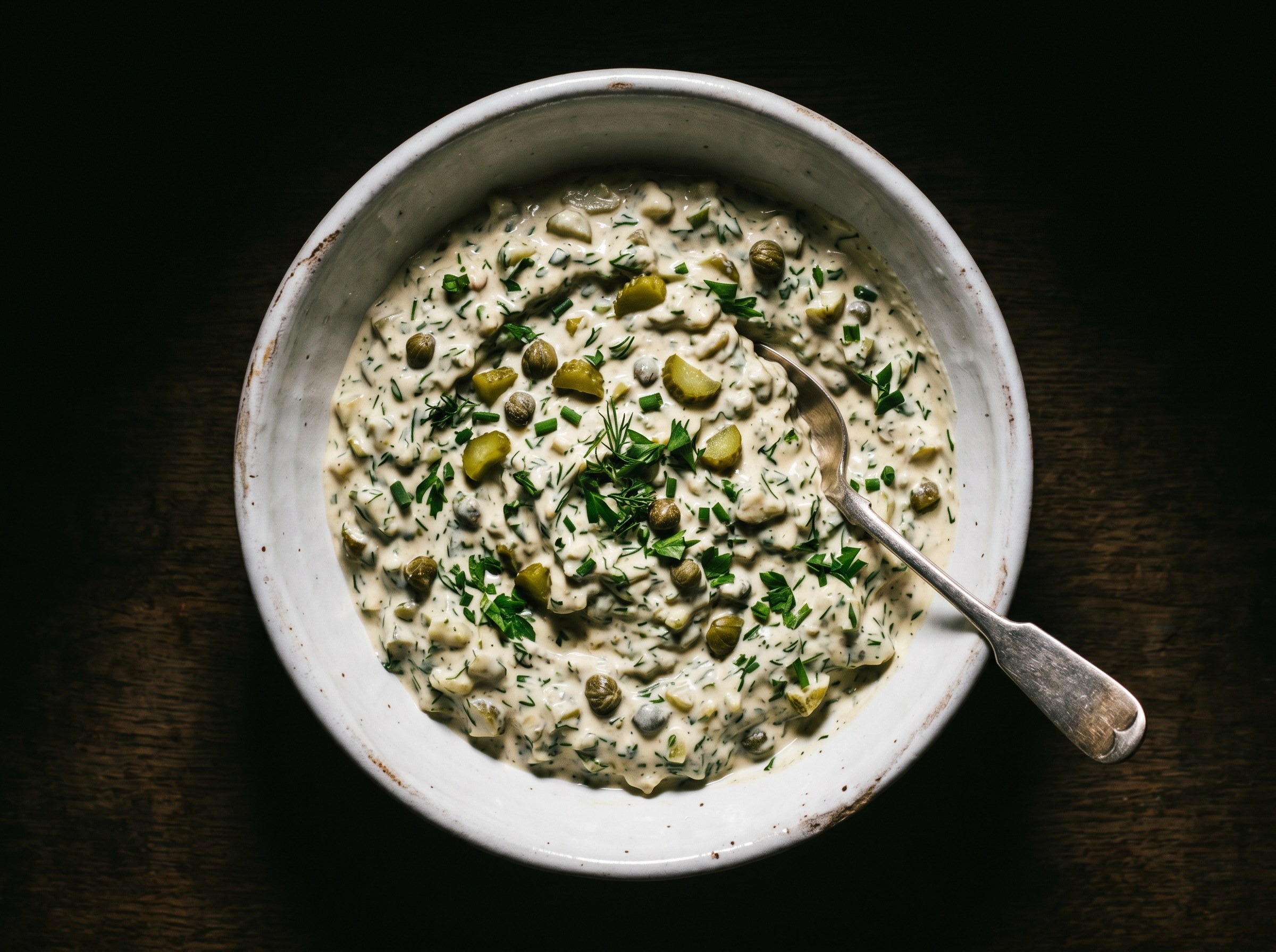 Salsa gribiche clásica francesa, con la emulsión de yema salpicada de clara en brunoise, alcaparras, pepinillos y hierbas frescas, en cuenco blanco.