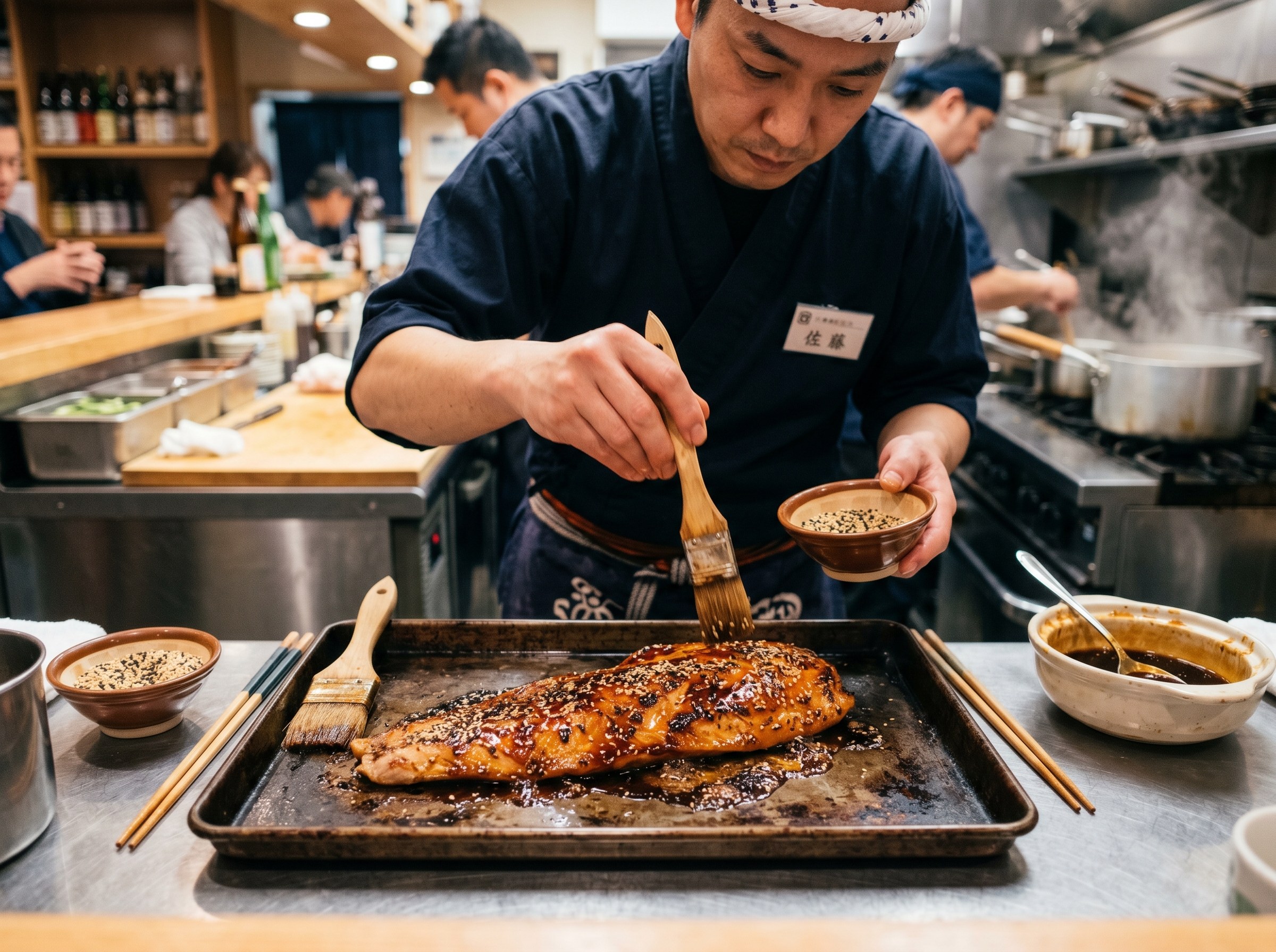 Glaseado teriyaki lacado sobre salmon