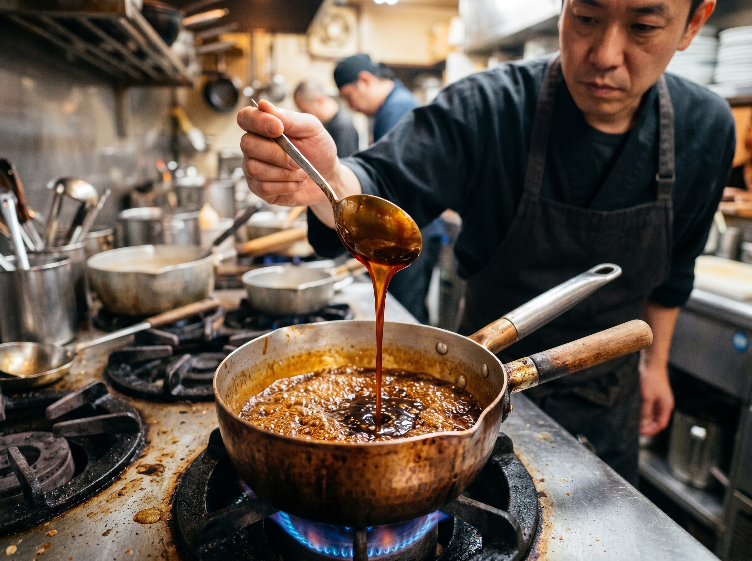 Salsa teriyaki reduciendose hasta almibar ambar