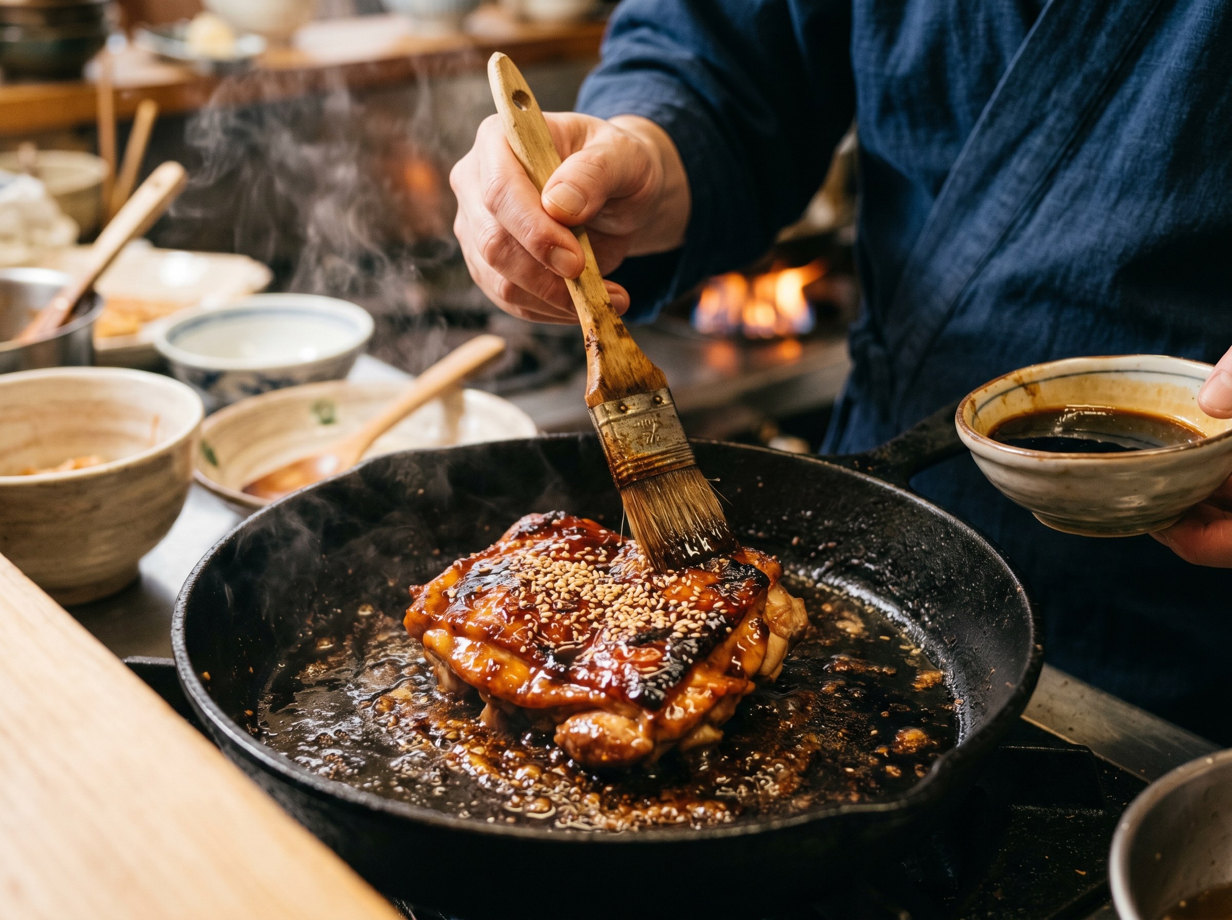 Capas de teriyaki caramelizandose sobre pollo