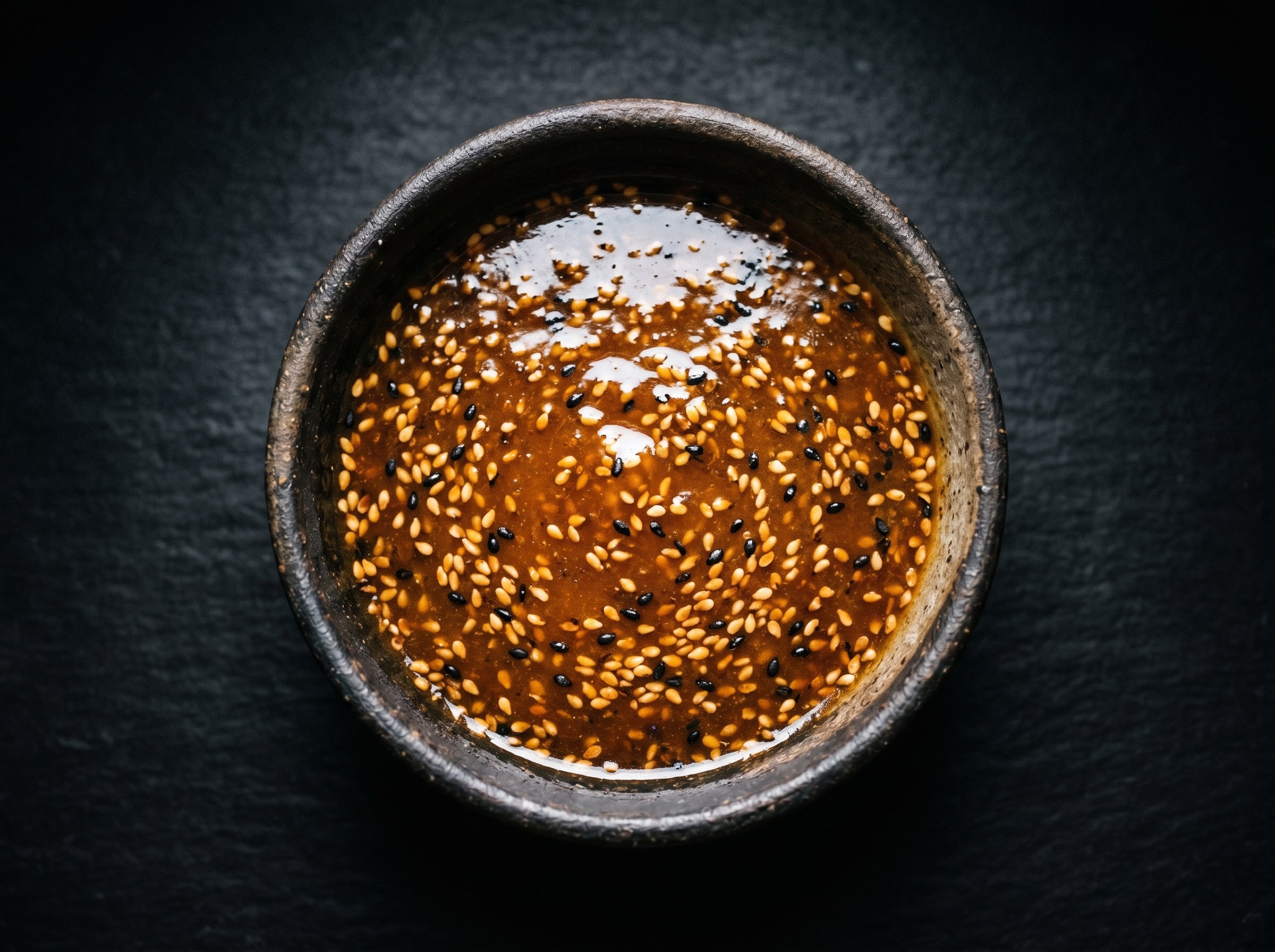 Salsa teriyaki artesana reducida a almíbar brillante, con sésamo tostado, lista para lacar.