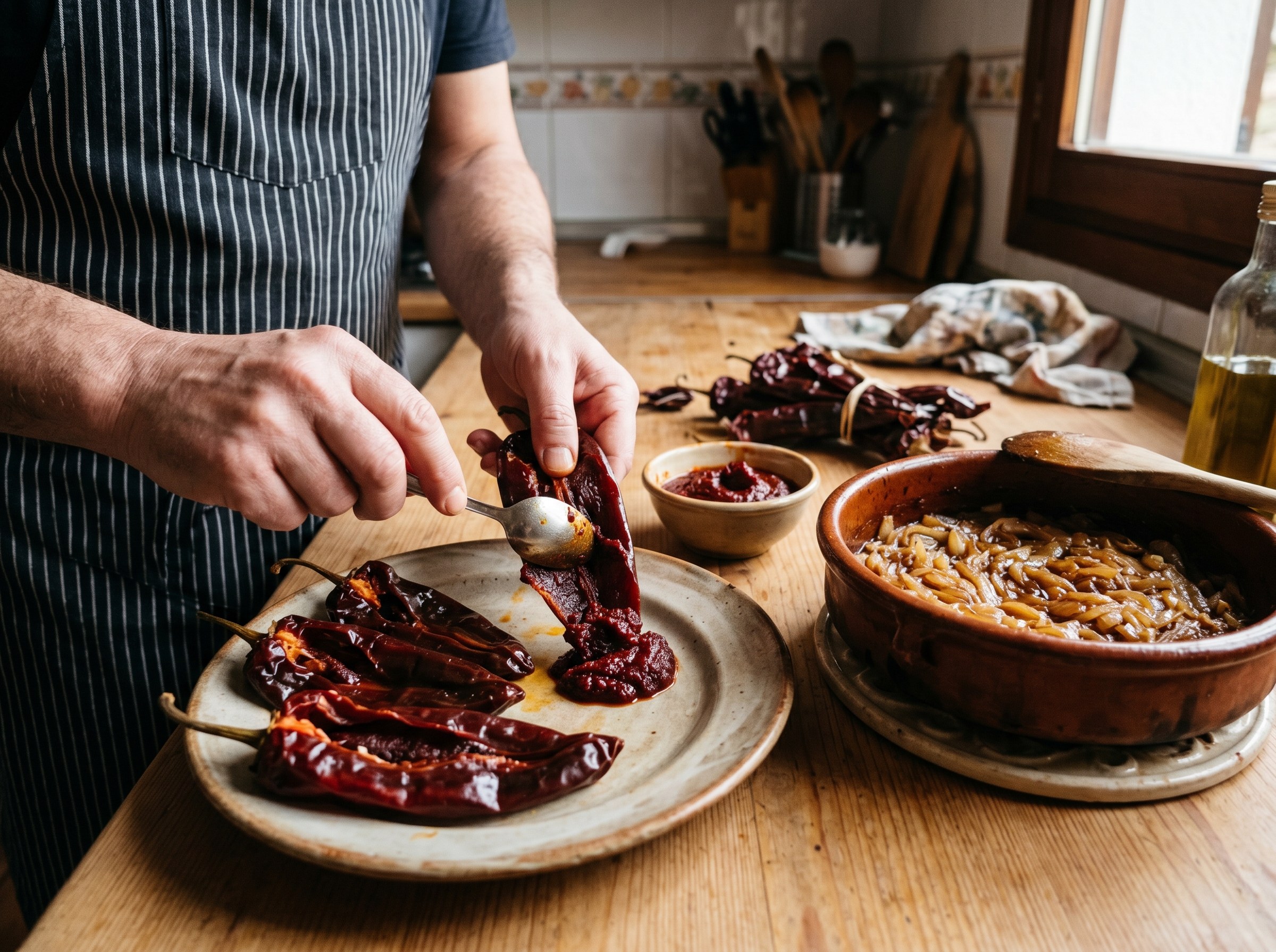 Pulpa de choricero y jamon iberico anadidos a la cebolla
