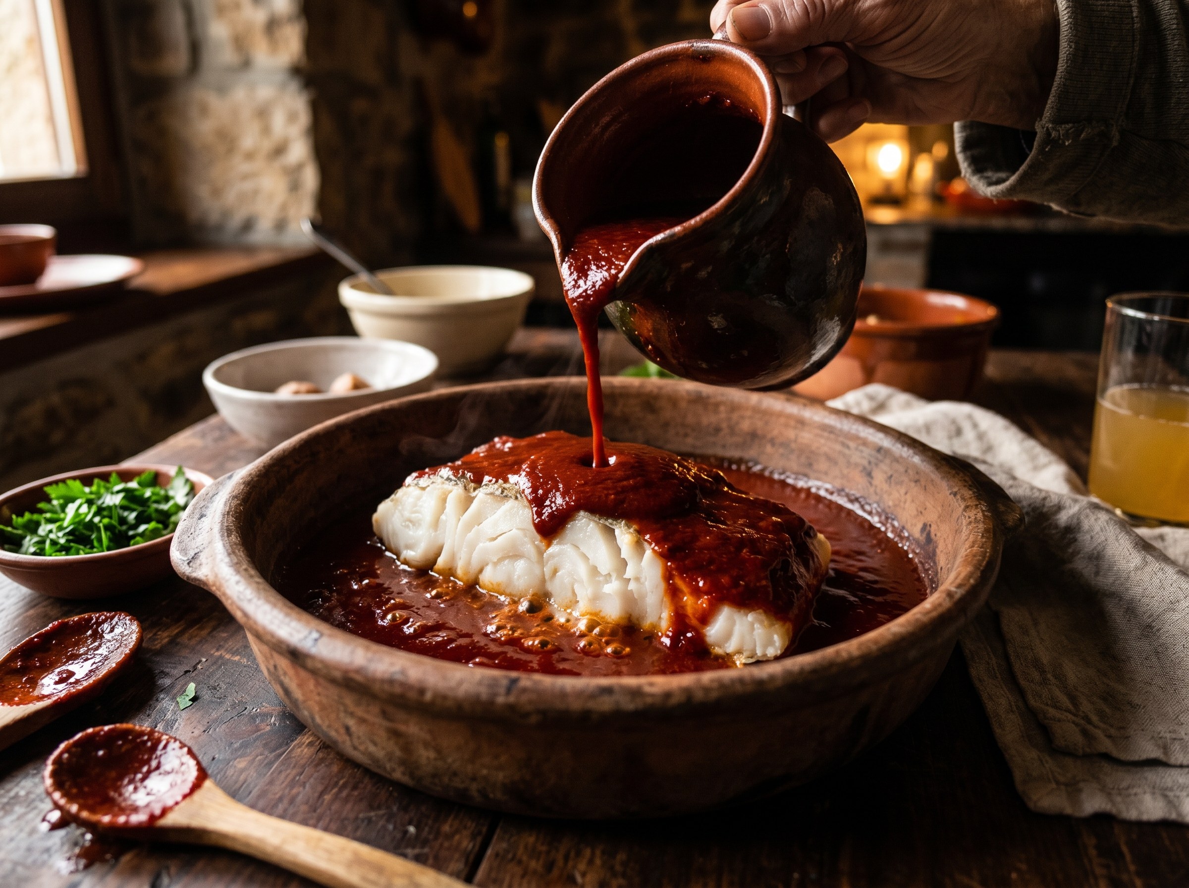 Salsa vizcaina siendo vertida sobre bacalao en cazuela