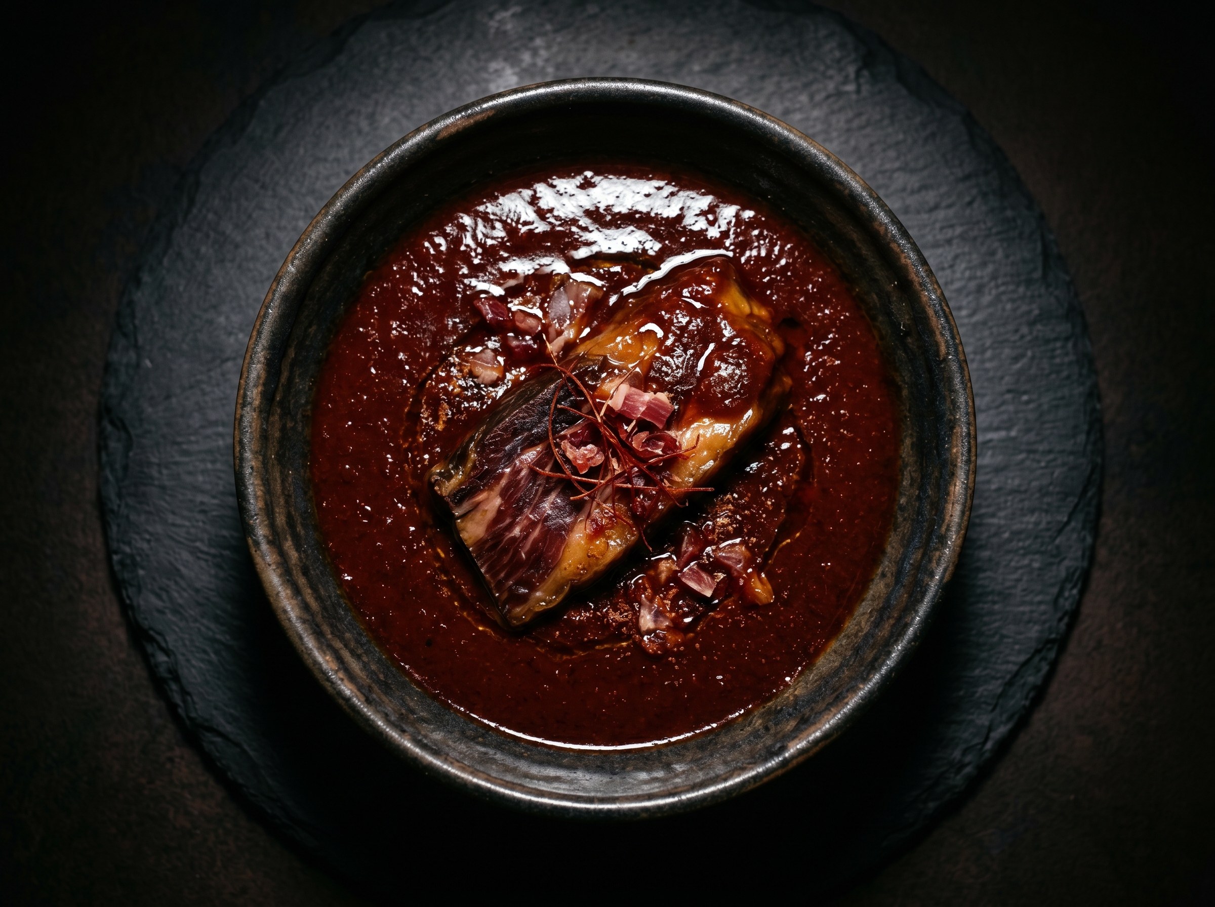 Salsa vizcaína oscura y sedosa de pimiento choricero, con brillo de aceite, en cazuela de barro.