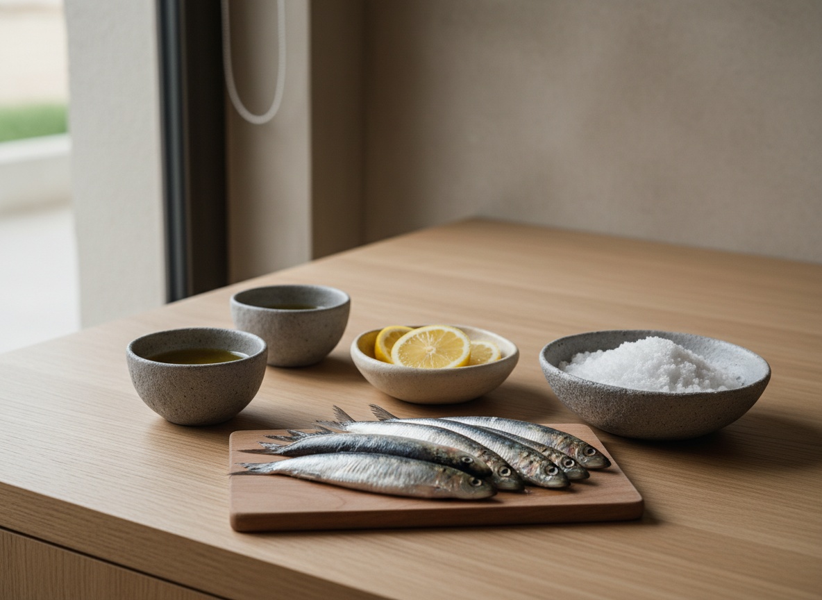 Sardinas frescas, sal marina gruesa, limon y aceite en cuencos de ceramica artesanal sobre tabla de roble, vistos de lado a 45 grados, luz natural desde la izquierda.