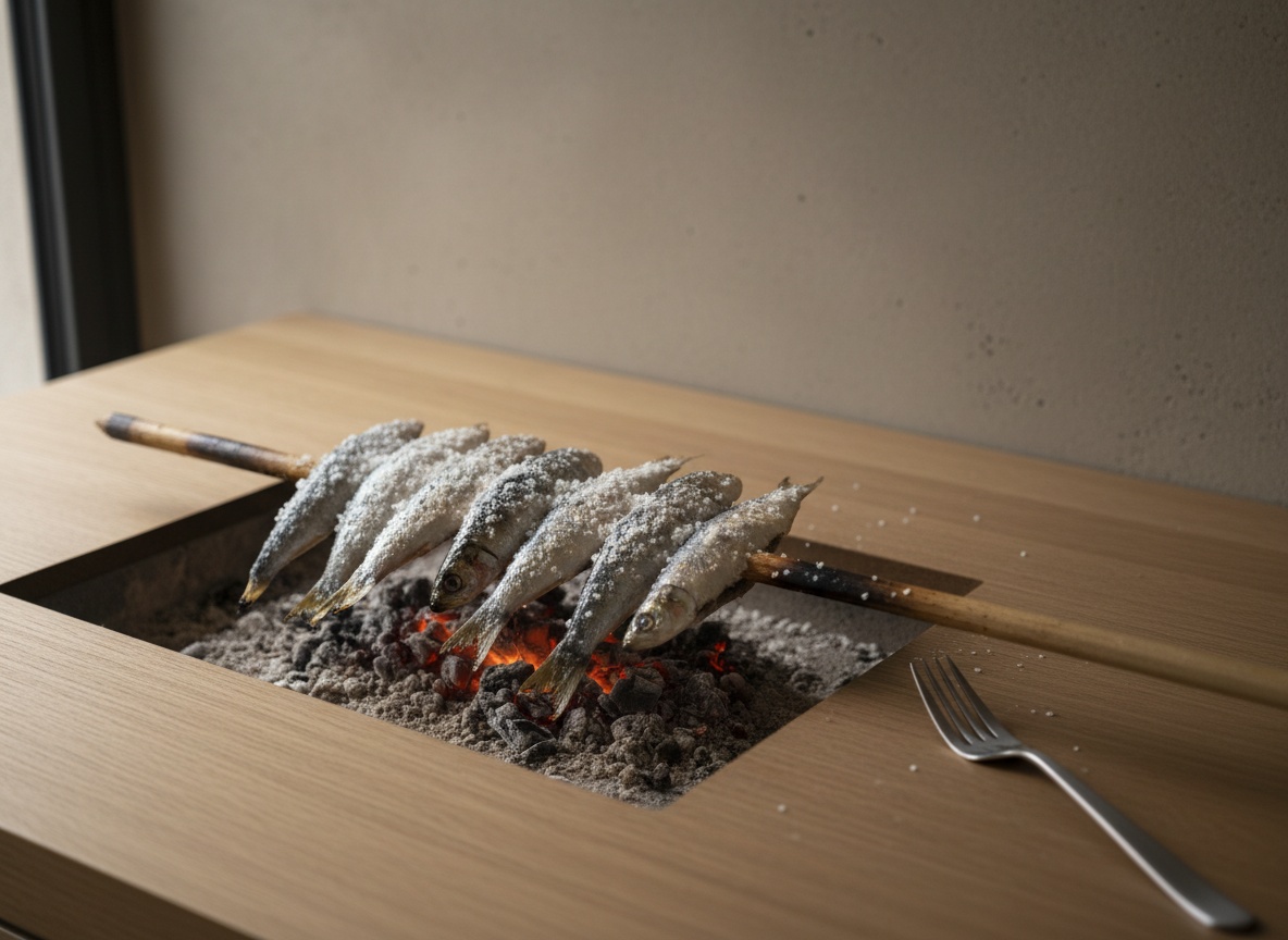 Cana de espeto clavada en oblicuo junto a las brasas, con las sardinas inclinadas hacia el calor, luz natural desde la izquierda.