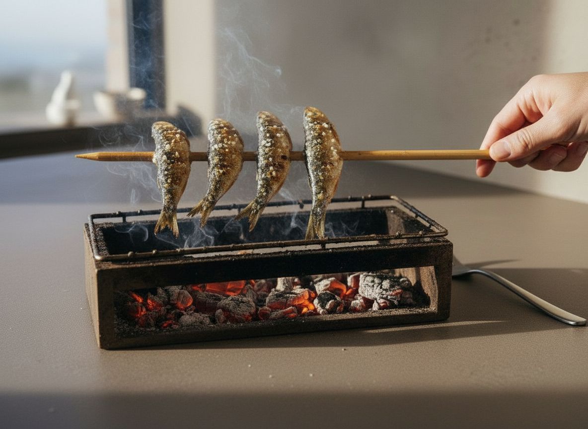 Sardinas doradas por ambas caras tras girar la cana, con la carne opaca junto a la espina, luz natural desde la izquierda.
