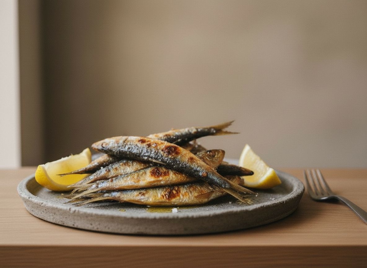 Canas de espeto con sardinas doradas y ampolladas asandose en oblicuo junto a un lecho de brasas de lena de olivo, con sal gruesa sobre la piel y cuartos de limon, en fuente de ceramica gris piedra, luz natural suave desde la izquierda.