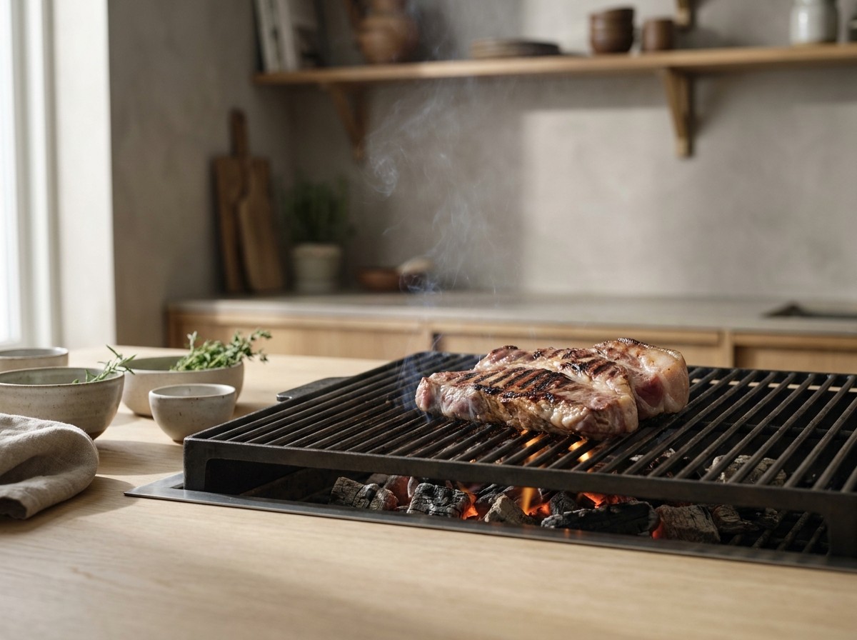Secreto ibérico marcándose por la primera cara en la brasa