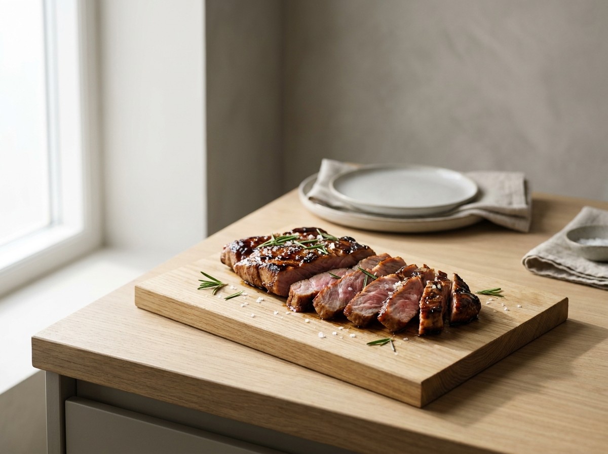Secreto ibérico a la brasa en tabla de roble: tiras jugosas de cerdo ibérico infiltrado con glaseado oscuro de miel de caña, escamas de sal y romero.