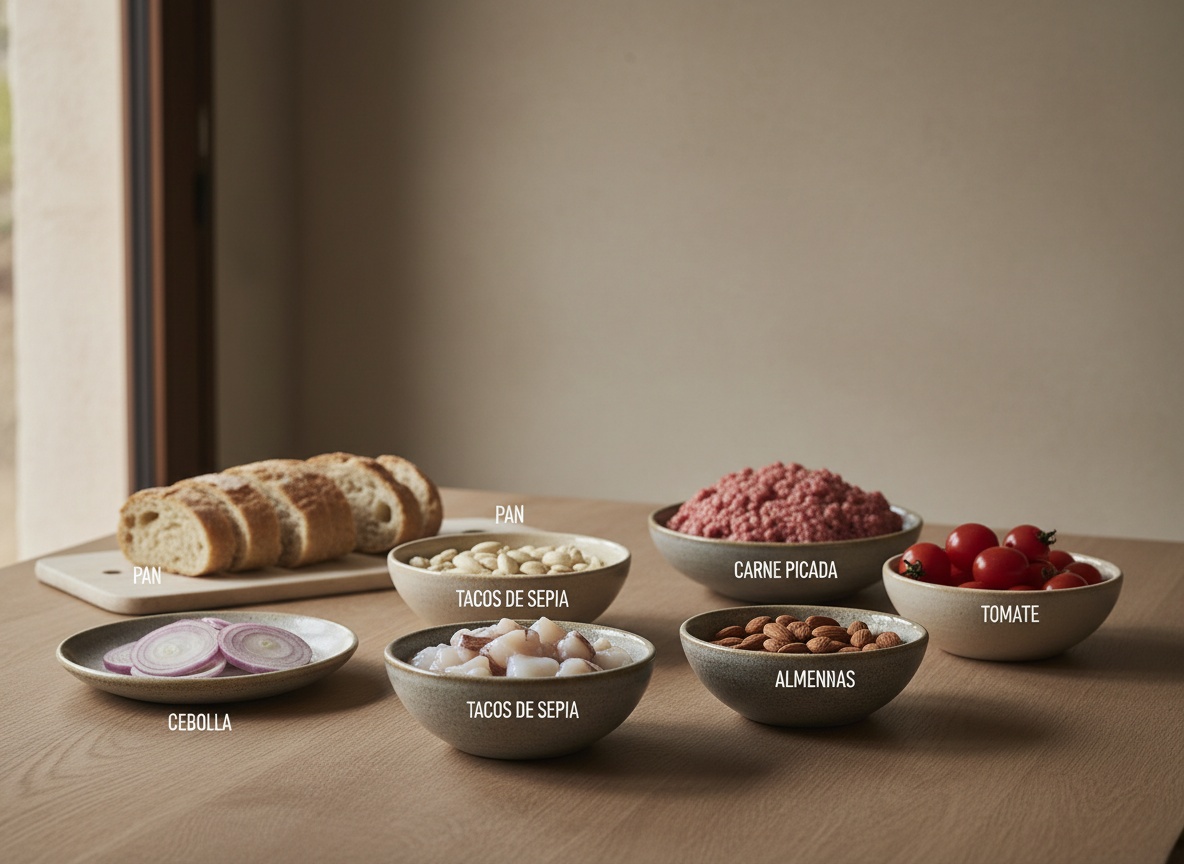 Tacos de sepia, carne picada, almendras, tomate, cebolla y pan en cuencos de cerámica artesanal vistos de lado sobre tabla de roble con luz lateral