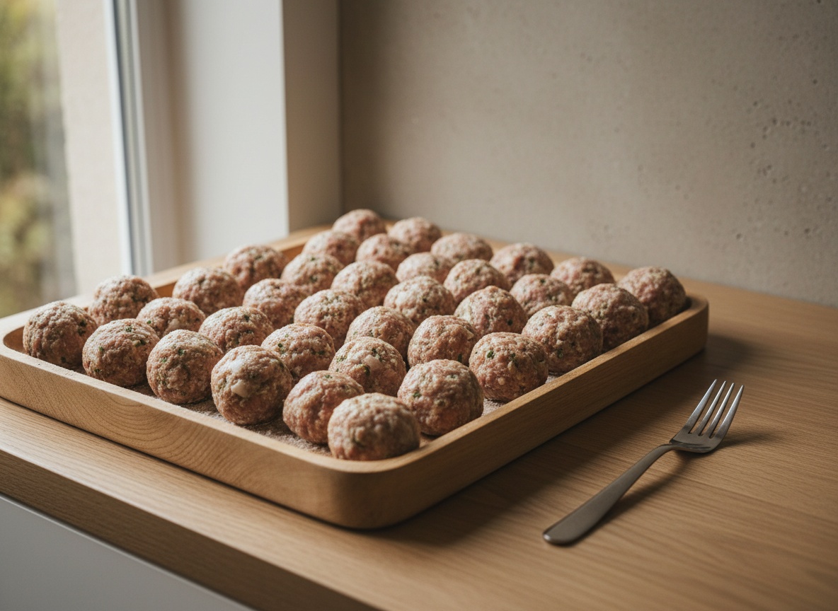 Albóndigas boleadas sobre una bandeja antes de sellar