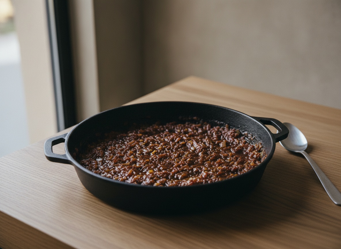 Sofrito oscuro de cebolla y tomate en la cazuela