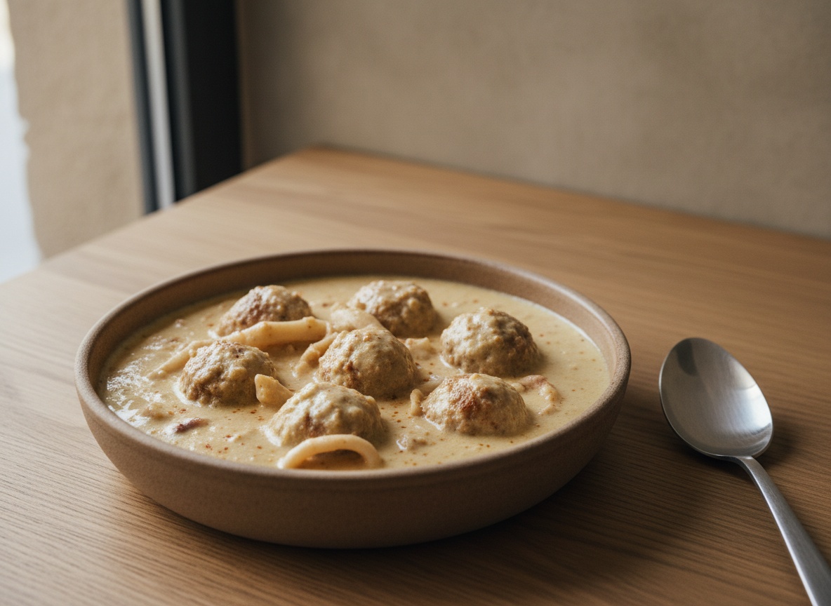 Albóndigas y sepia juntas en la salsa de almendra espesando