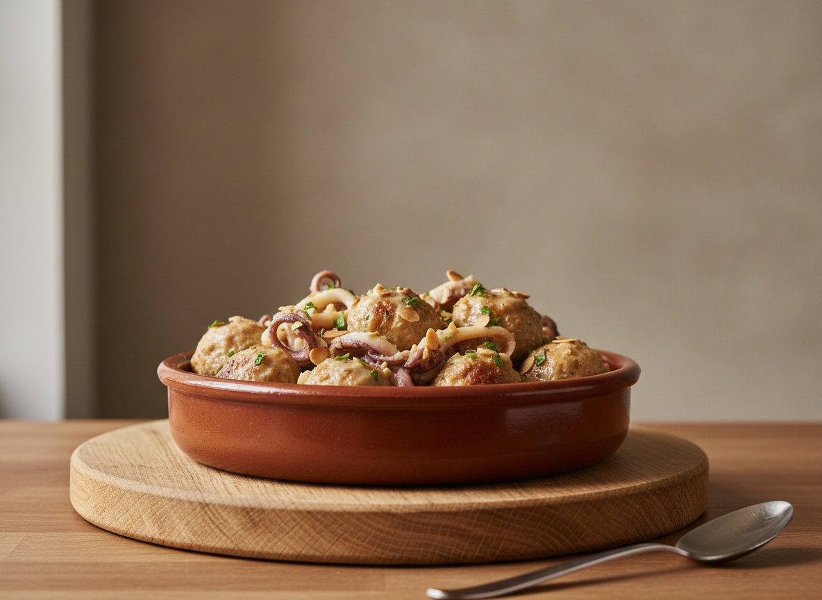 Sepia con albóndigas en salsa de almendra, guiso meloso en cazuela de barro sobre tabla de roble con luz lateral.