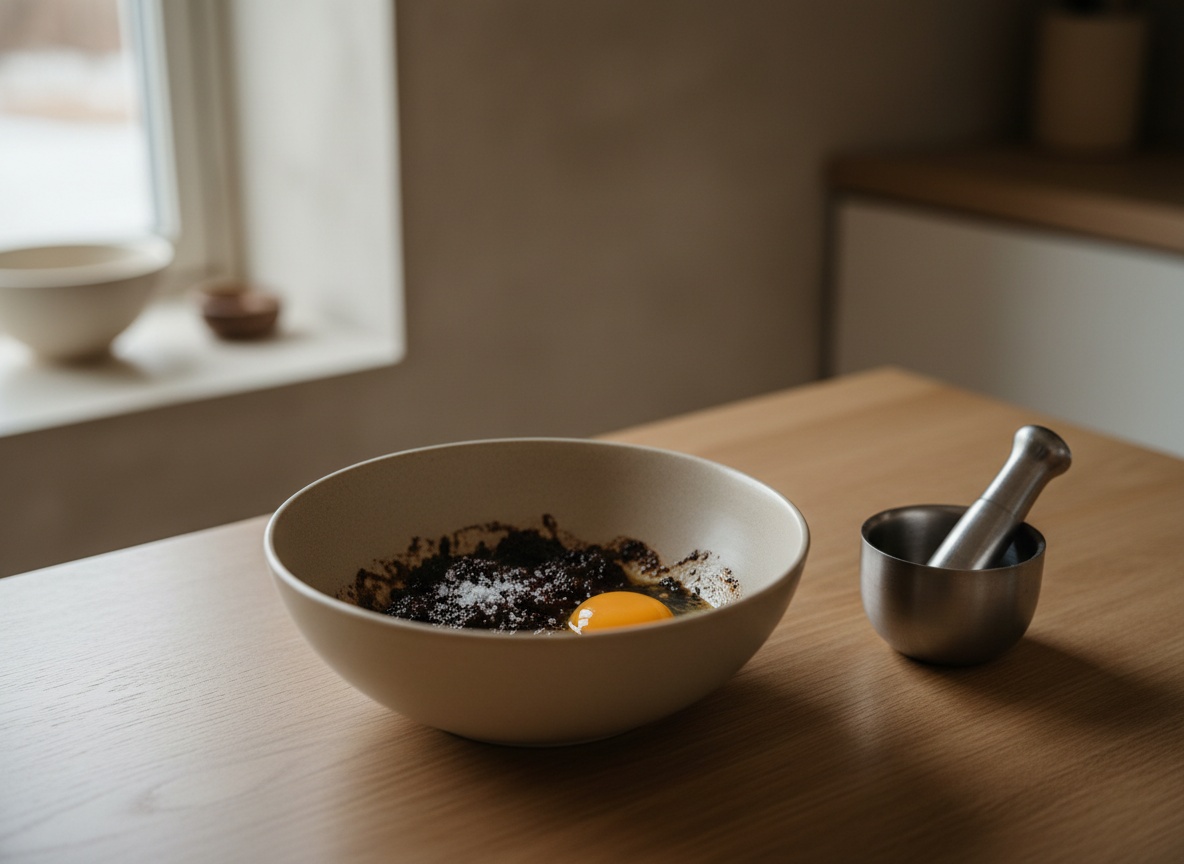 Pasta oscura de ajo negro y ajo fresco majada con sal en un cuenco hondo junto a la yema, luz suave lateral.