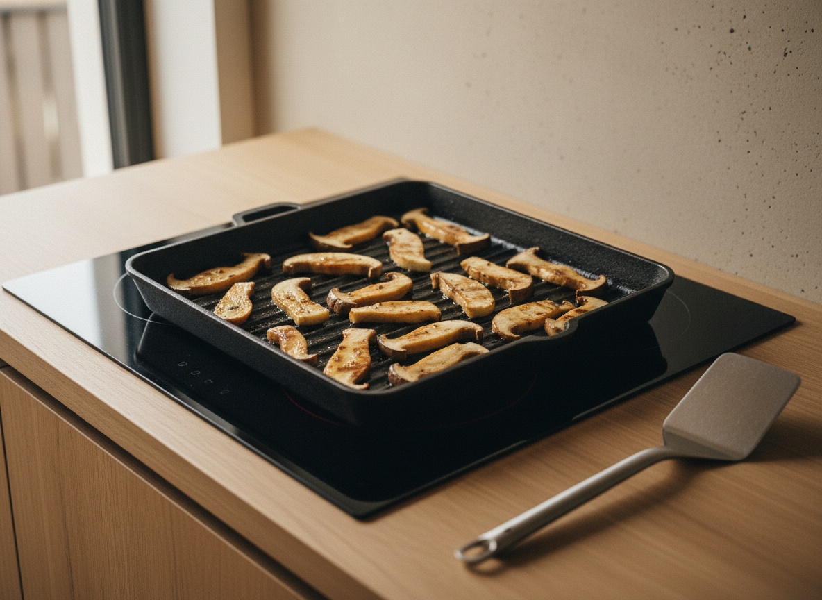 Láminas gruesas de seta de cardo pinceladas con aceite junto a la plancha de hierro muy caliente, luz cálida.