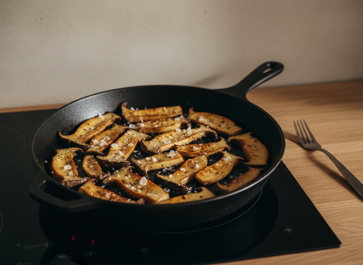 Láminas de seta de cardo doradas por ambas caras en la plancha con escamas de sal por encima, luz lateral.