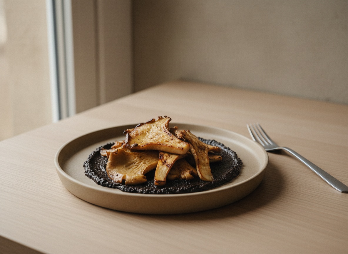 Base de alioli oscuro de ajo negro extendida en un plato de cerámica con las setas doradas colocadas encima.
