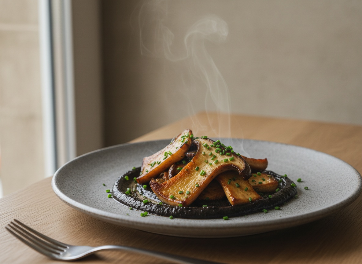 Láminas gruesas de seta de cardo doradas y marcadas a la plancha sobre una base de alioli oscuro de ajo negro, servidas en plato de cerámica artesanal con cebollino picado, ligero vapor, luz natural suave desde la izquierda.